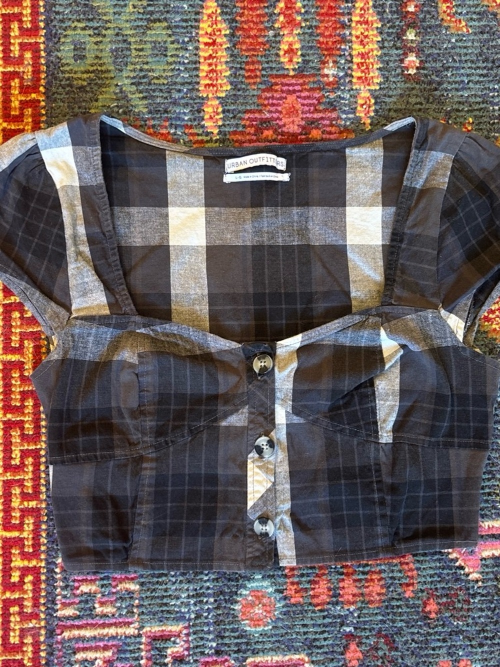 Urban Outfitters Black & Gray Plaid Cropped Button-Front Top